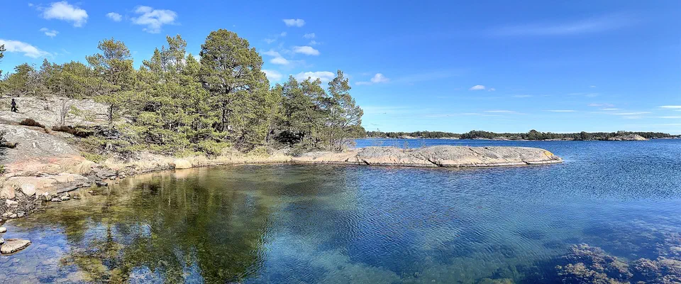 Klart, grunt vatten med tång över släta granitklippor, en tallbevuxen udde och öar i fjärran under blå himmel